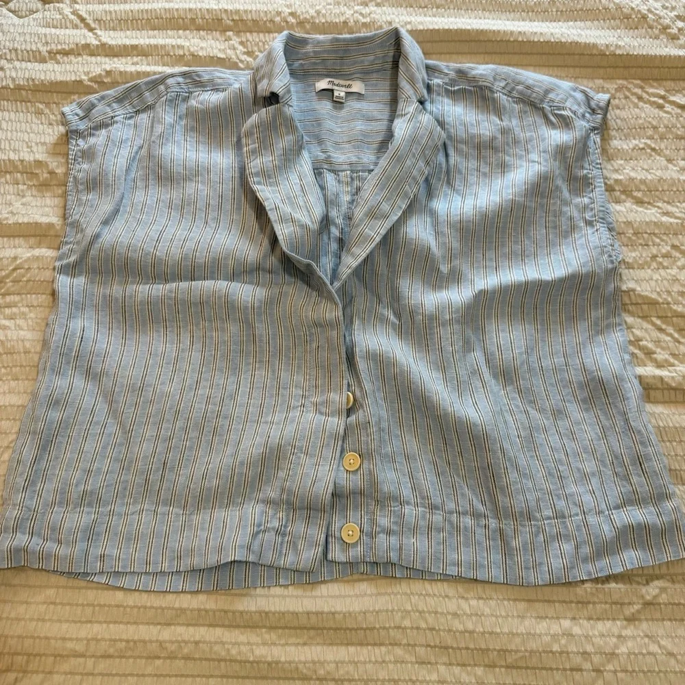 Madewell Blue Linen Striped Boxy Button Front Blouse small - Picture 1 of 5